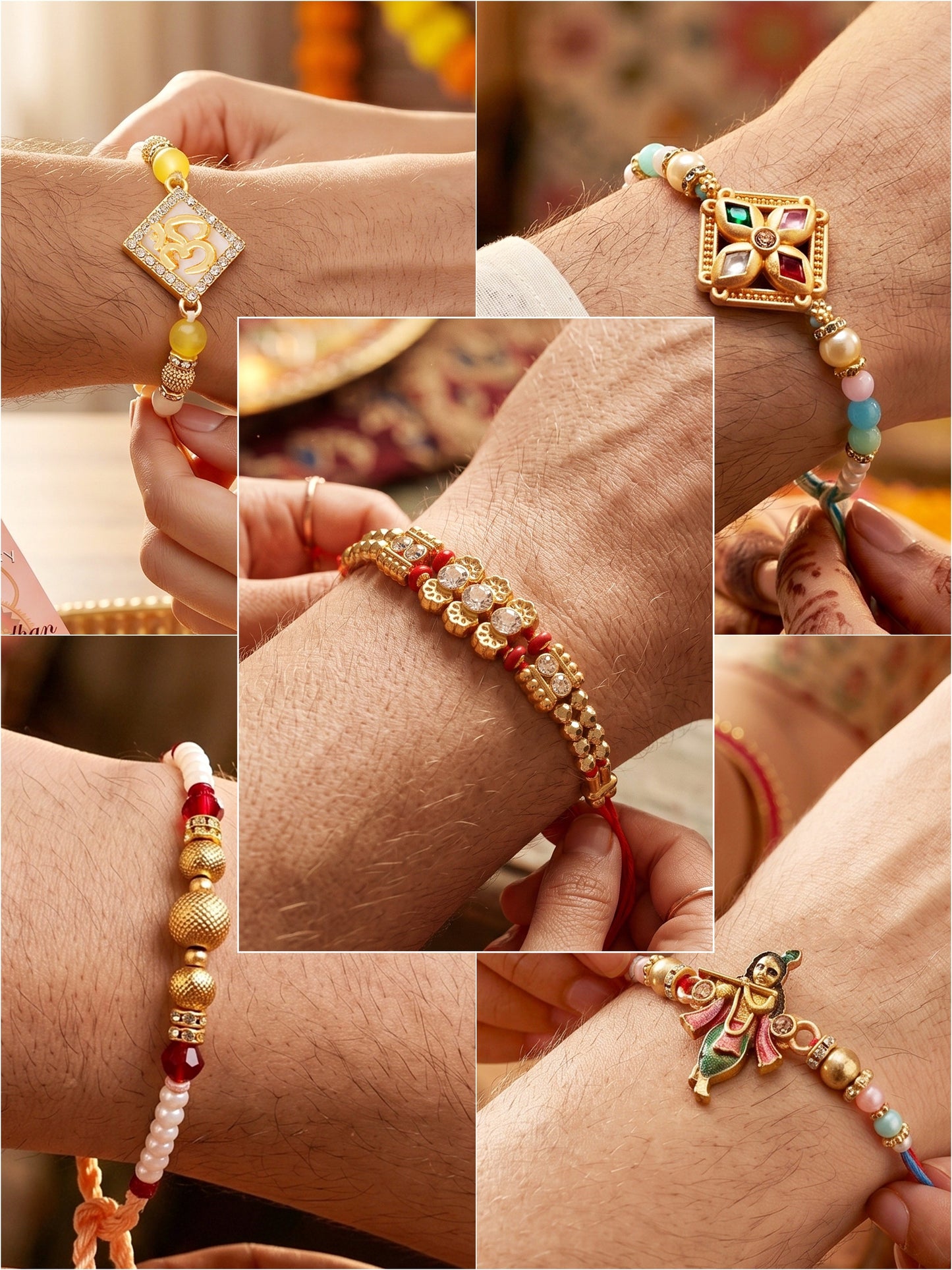 Lucky Jewellery Set of 5 Designer Beaded Rakhi for Brother | Golden Om & Krishna Raksha Bandhan Combo with Roli, Chawal & Card (259-S7R1-2320-5)