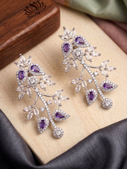Lucky Jewellery Silver-Tone Purple Stone & American Diamond Necklace Set with Earrings for Women – Office, Party & Function Wear (1948-K4SA-2241-P-S)