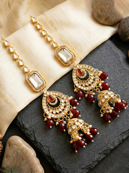 Bridal AD Maroon Stone Heavy Choker Jewellery Set with Sheesh Patti, Nath & Jhumka (3300-M8ZK-1106-M)