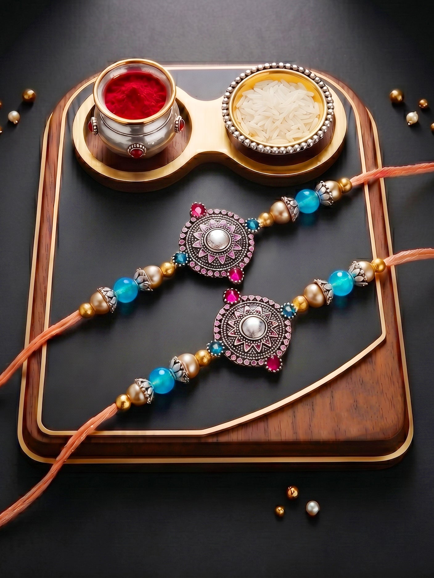Set of 2 Oxidised Mandala Rakhi for Brother with Silver & Blue Beads, Roli Chawal & Card (96-CHR1-1962-2-2026)