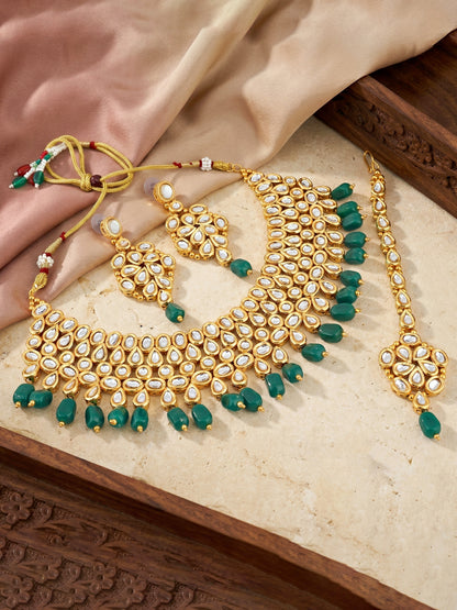 Handcrafted Kundan Green Beaded Choker Jewellery Set with Maang Tikka, 18K Gold Plated (842-B5SP-005-G)