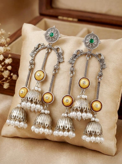 LUCKY JEWELLERY Oxidised Silver & Gold Kashmiri Jhumka Earrings with Ruby & Green Beads (654-KEO-20825-G-SG)