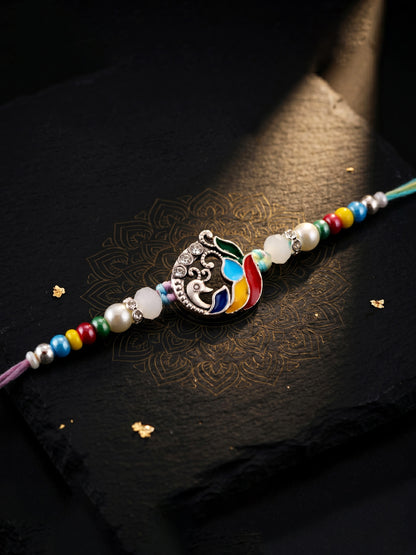Traditional Silver-Tone Meenakari Peacock Beaded Rakhi For Brother With Roli Chawal & Card (102-S5R1-AR2786)