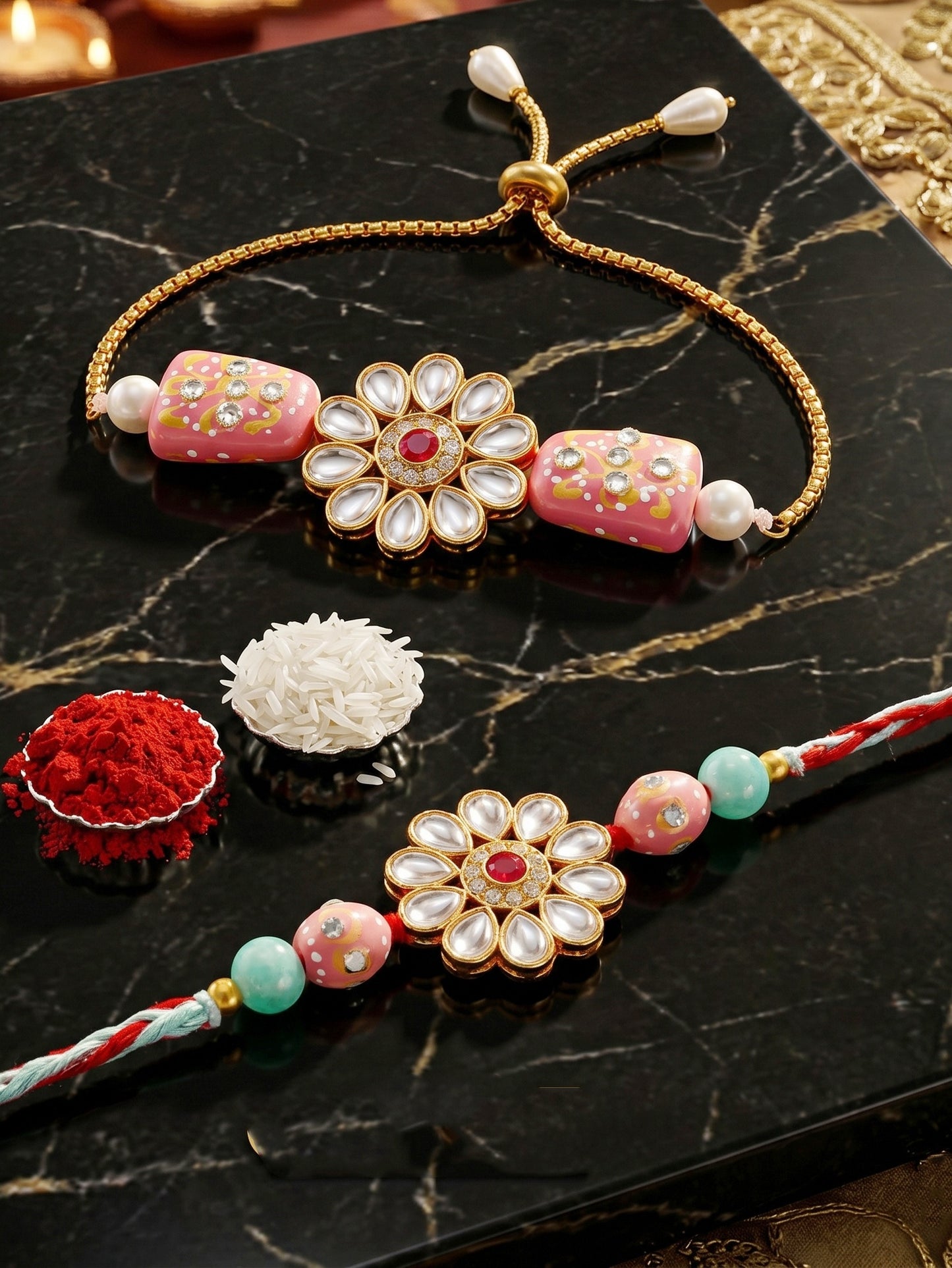 Set of 2 Bhaiya Bhabhi Kundan Rakhi Set with Floral Pendant, Hand-Painted Pink Beads, Roli Chawal (173-CHR1-1849-2-2026)