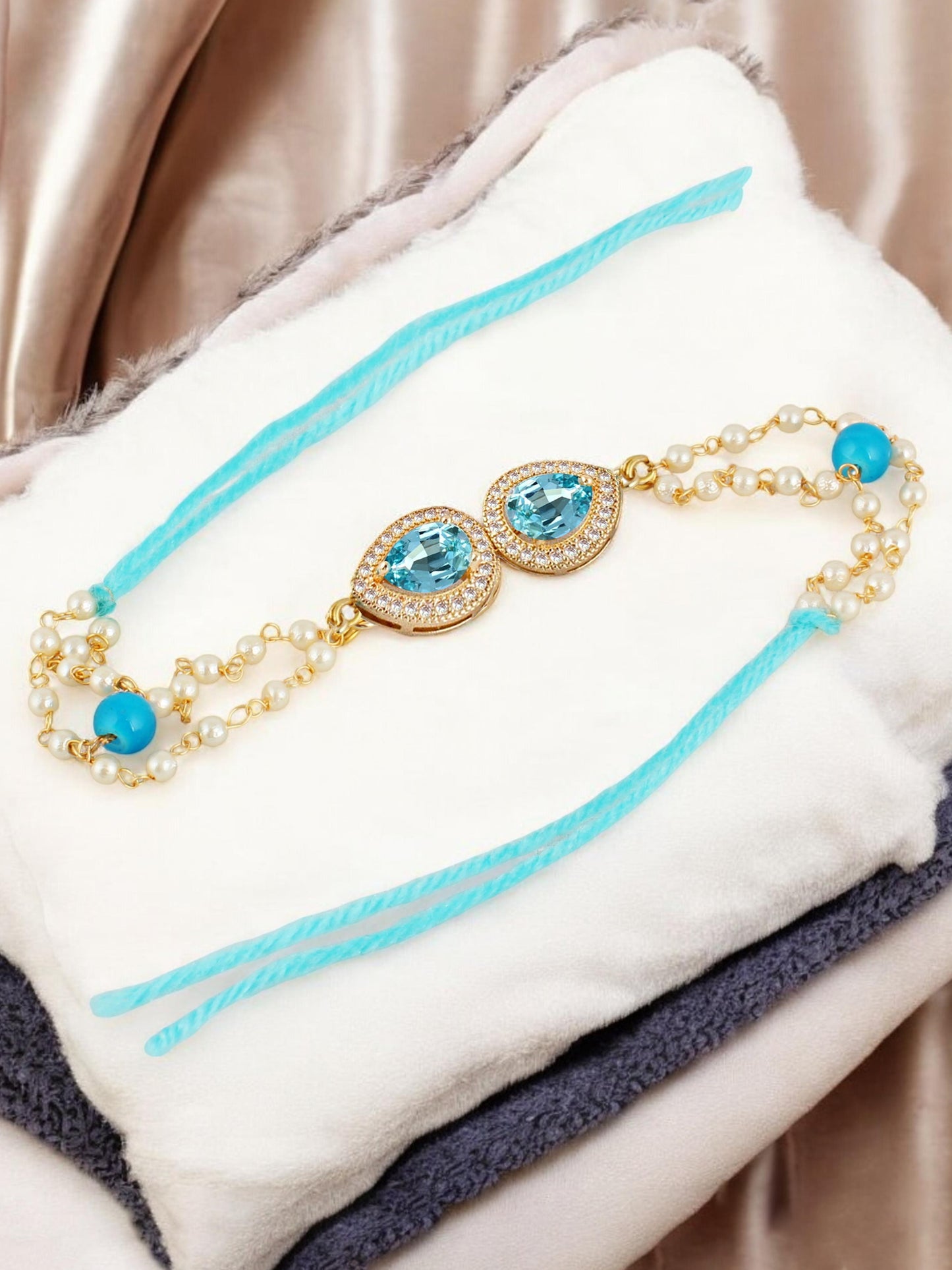 Lucky Jewellery Designer Turquoise Color Stone Rakhi - Rakshabandhan Pearl Rakhee Bracelet Lumba for Brother Bhai Bhaiya Bhabhi - Pack of 1 (200-CHB2-1279-F)