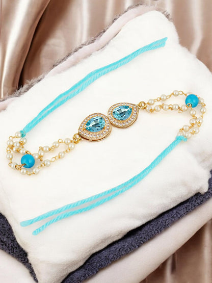 Lucky Jewellery Designer Turquoise Color Stone Rakhi - Rakshabandhan Pearl Rakhee Bracelet Lumba for Brother Bhai Bhaiya Bhabhi - Pack of 1 (200-CHB2-1279-F)