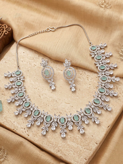 Silver-Tone Turquoise Stone & American Diamond Necklace Set with Earrings for Women – Office, Party & Function Wear (1717-K4SA-2242-MNT-S)