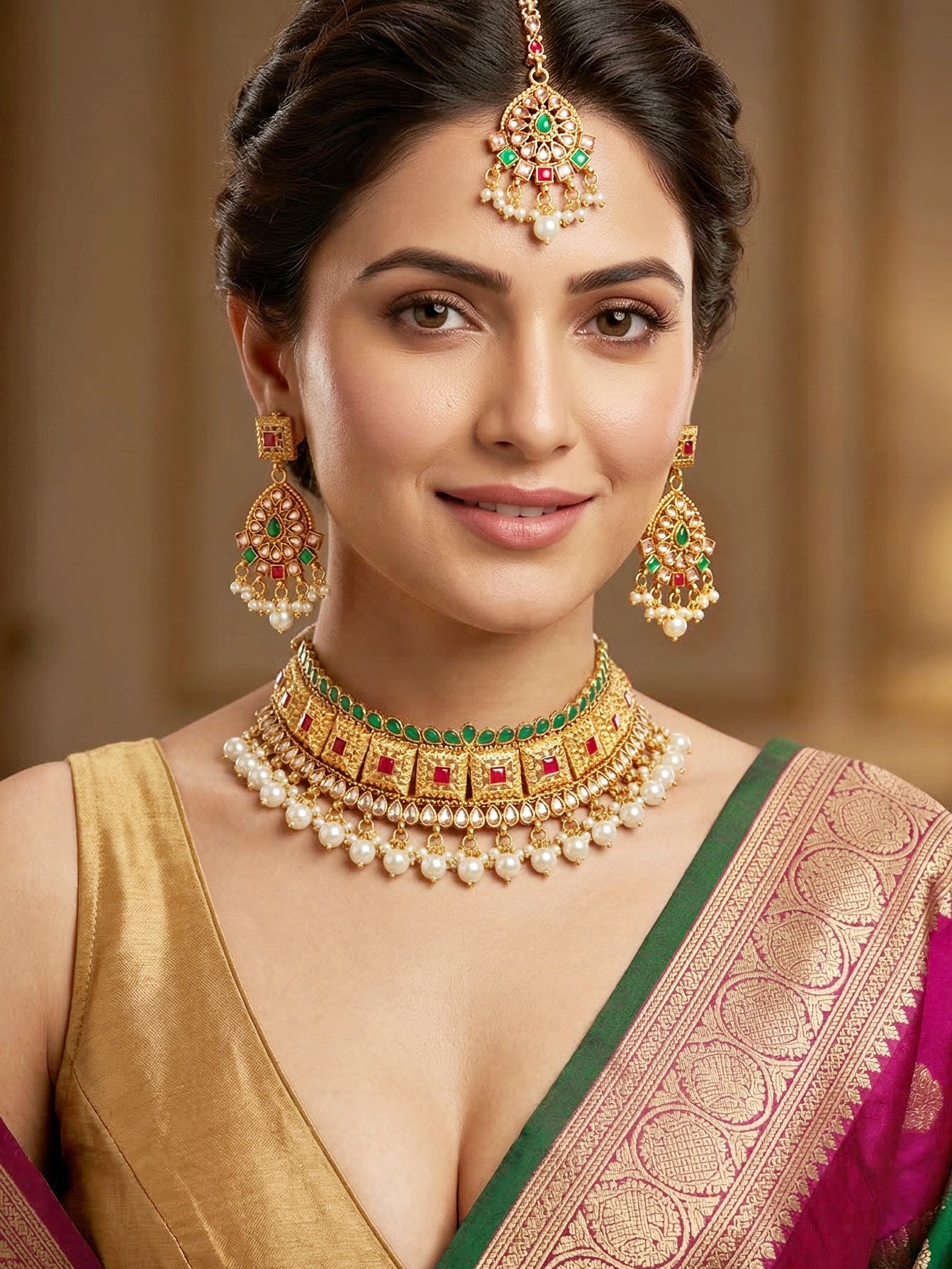 Lucky Jewellery Gold-Plated Ruby & Green Color Choker Necklace Set (866-G2SR-006-RG)
