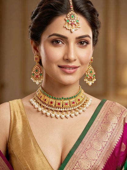 Lucky Jewellery Gold-Plated Ruby & Green Color Choker Necklace Set (866-G2SR-006-RG)