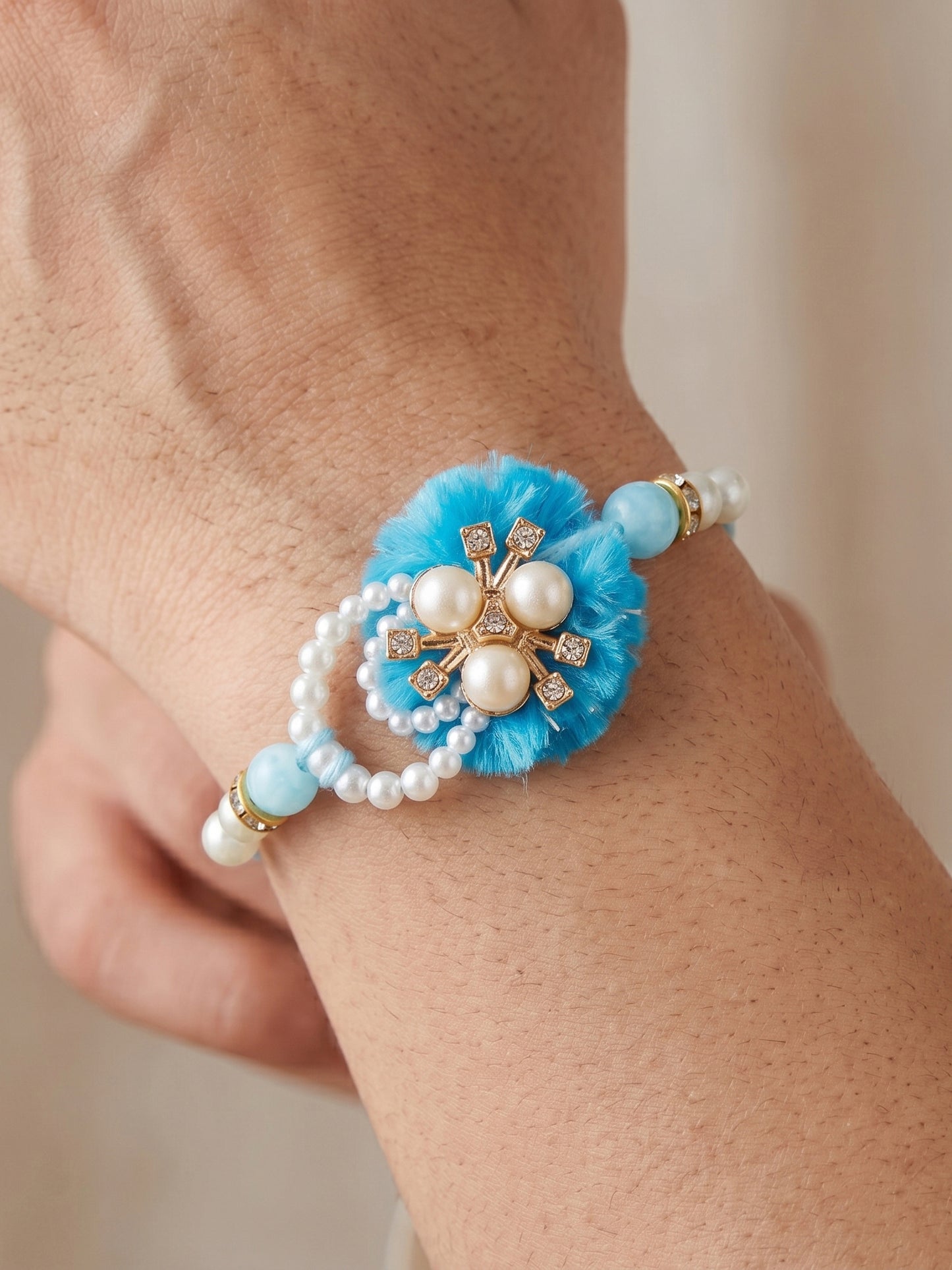 Set of 2 Traditional Blue Rakhi and Lumba Set with White Beads | Rakhi for Brother and Bhabhi (168-S7R1-PJ6201-F)