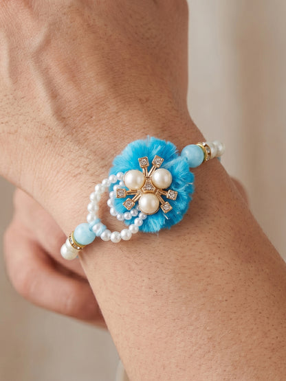 Set of 2 Traditional Blue Rakhi and Lumba Set with White Beads | Rakhi for Brother and Bhabhi (168-S7R1-PJ6201-F)