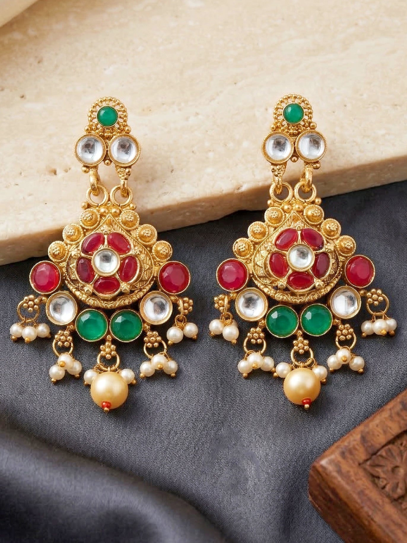 Lucky Jewellery Gold-Plated Ruby & Green Color Necklace Set (732-G2SR-191-RG)