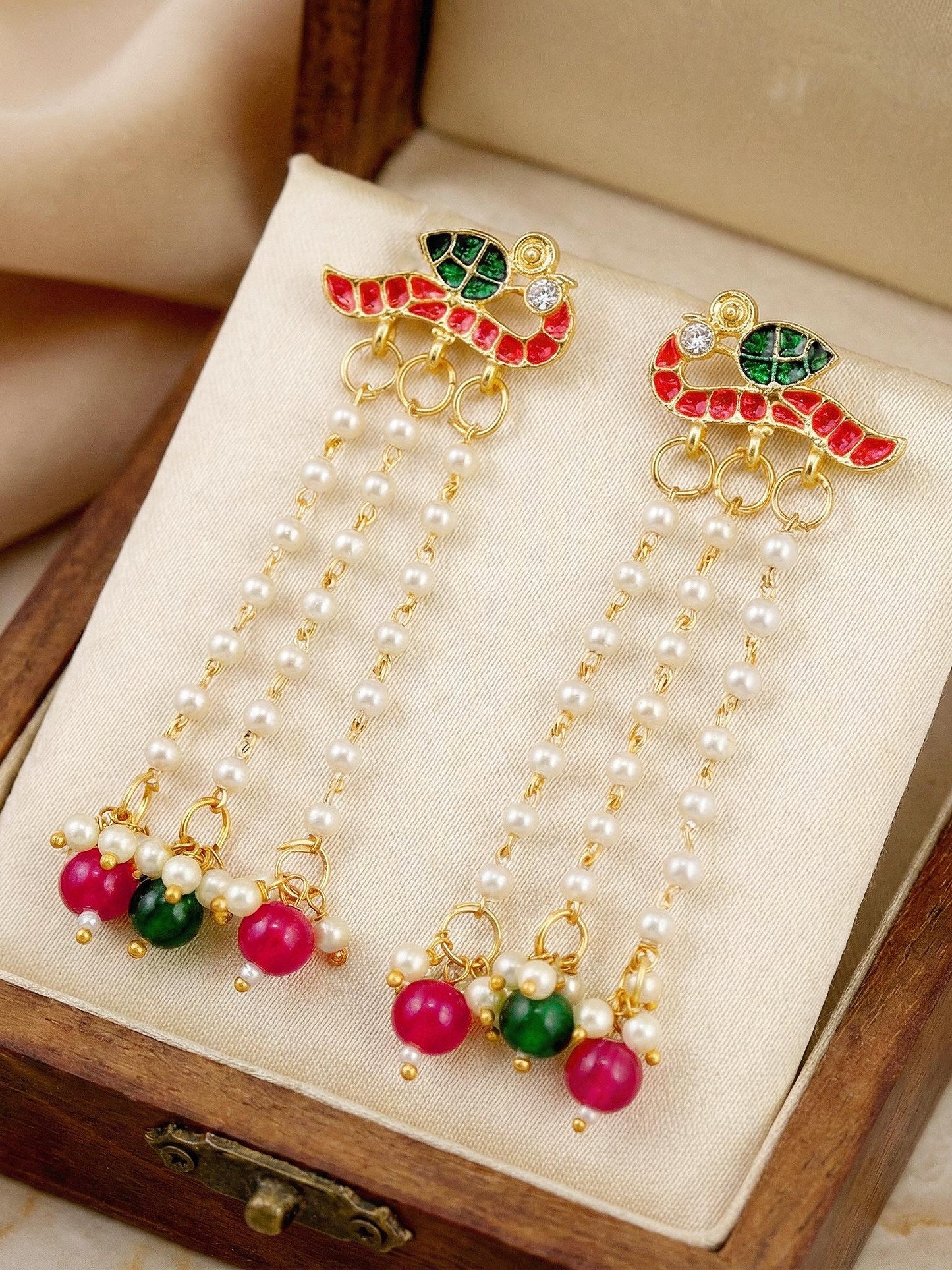 Gold Plated Enamel Bird Moti Layer Long  Earrings with Magenta & Green Beads For Girls & Women (225-KEG-9881-RG)