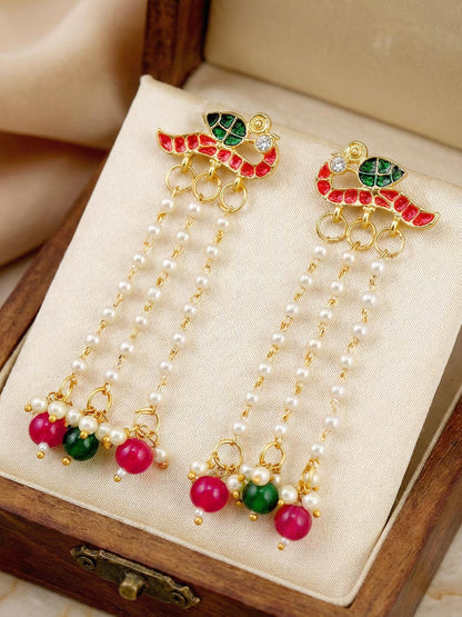 Gold Plated Enamel Bird Moti Layer Long  Earrings with Magenta & Green Beads For Girls & Women (225-KEG-9881-RG)