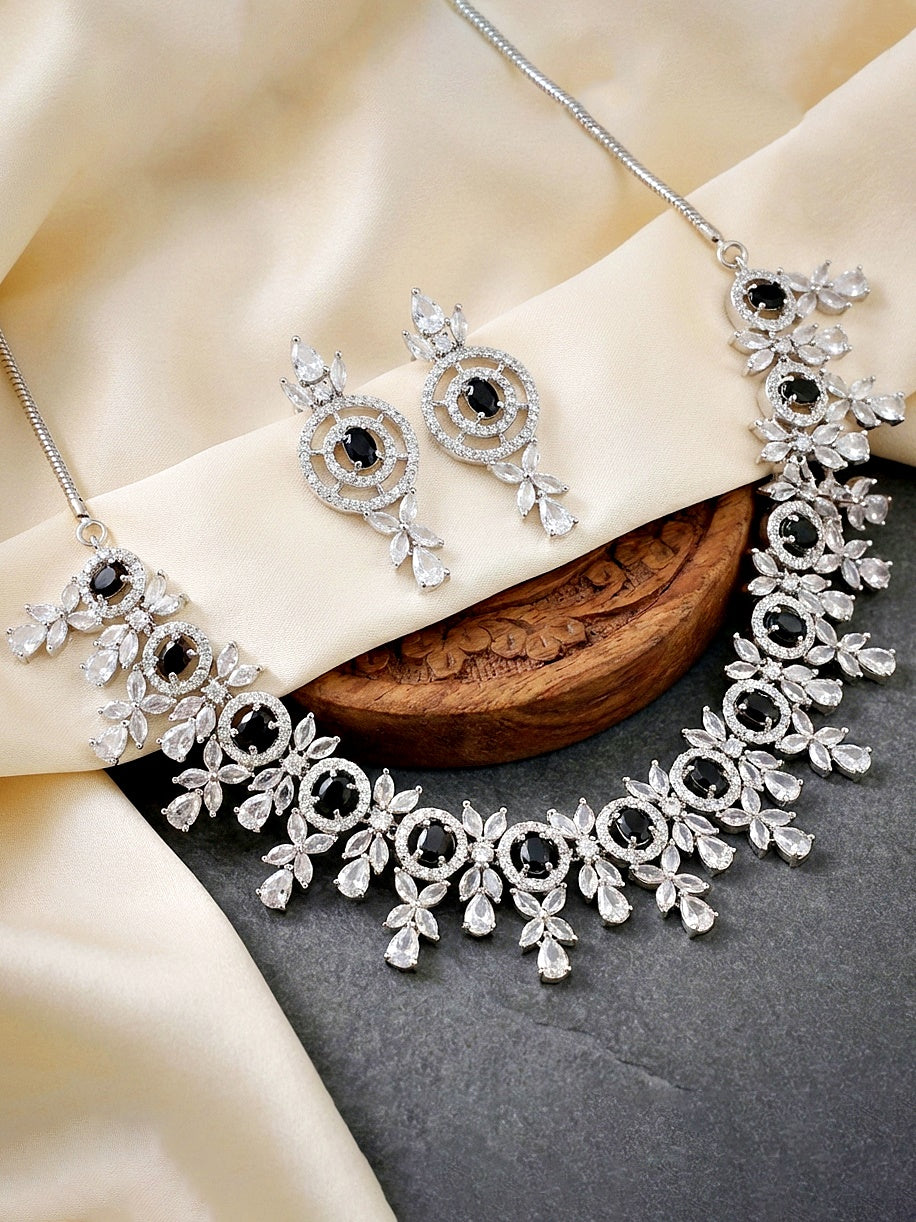 Silver-Tone Black Stone & American Diamond Necklace Set with Earrings for Women – Office, Party & Function Wear (1717-K4SA-2242-BL-S)
