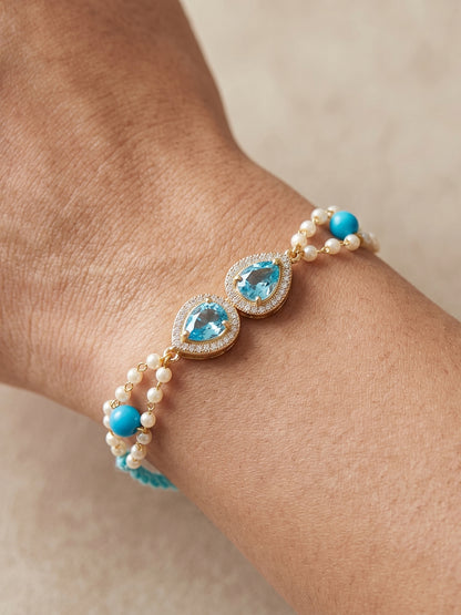 Adjustable Rakhi Bracelet with Blue drop AD Pendant, Turquoise & White Beads on Double Chain (200-CHB2-1279-F-2026)
