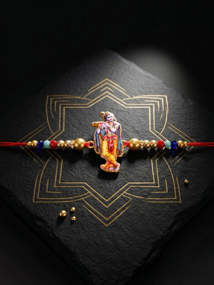 Spiritual Flute-Playing Krishna Beaded Rakhi Set For Brother With Roli Chawal & Card (84-S5R1-JCP328)