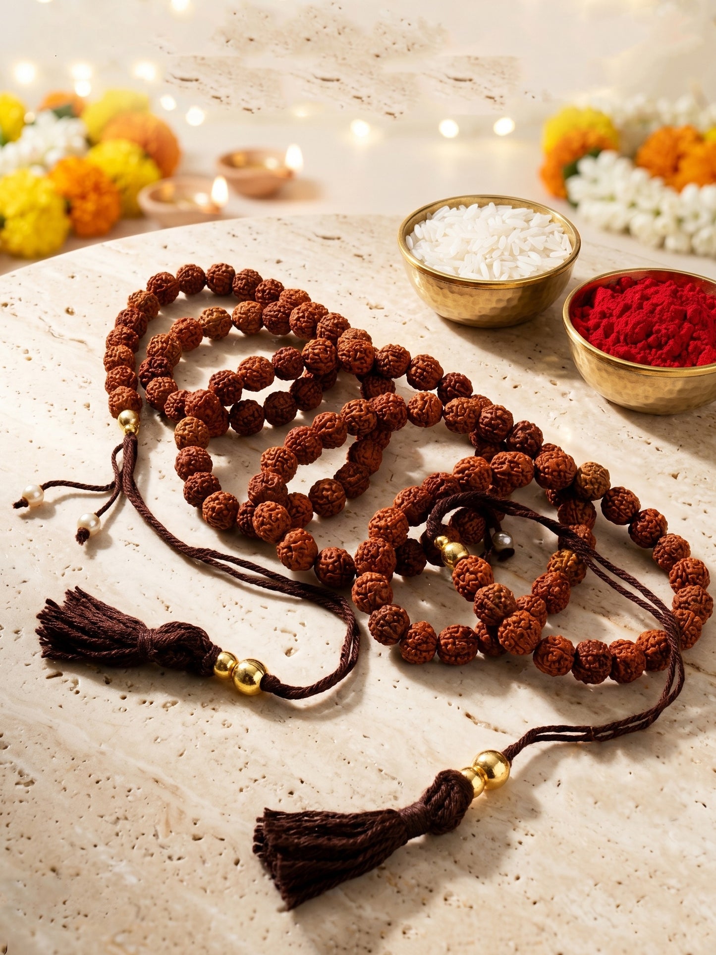 Traditional Rudraksha Rakhi for Brother. Spiritual Bead with Tassels, Roli, Chawal & Card (528-RRR1-1989-1-2026)