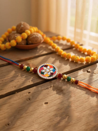 Lucky Jewellery Designer Gold Plated Multi Meena Stone Rakhi - Rakshabandhan Rakhee with Tasseled Lumba Bracelet for Brother Bhaiya Bhai Bhabhi - Pack of 2 (325-CHCR1-1152-MT-2)