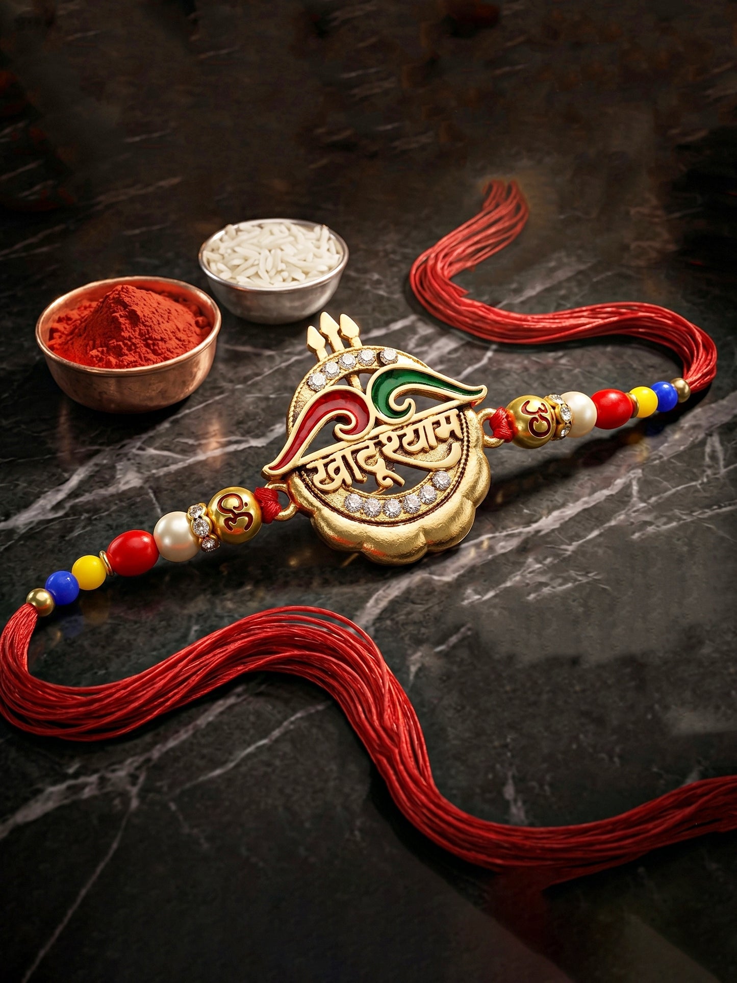Divine Khatu Shyam & Trishul Om Beaded Rakhi Set For Brother with Roli Chawal & Card (72-S5R1-AR2970)