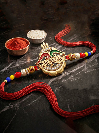 Divine Khatu Shyam & Trishul Om Beaded Rakhi Set For Brother with Roli Chawal & Card (72-S5R1-AR2970)