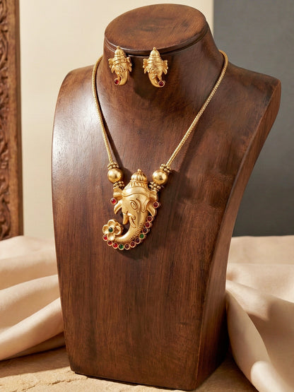 Traditional Gold-Tone Lord Ganesha Necklace Set with Pink & Green Stone Detailing | Temple Style Ethnic Jewellery with Stud Earrings for Festive & Wedding Wear (590-ISR-2181-RG)