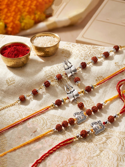 Set of 4 Rakhi with Trishul & Shivling Pendants, Rudraksha Beads, Roli Chawal & Card (220-CHR1-196372-4-2026)