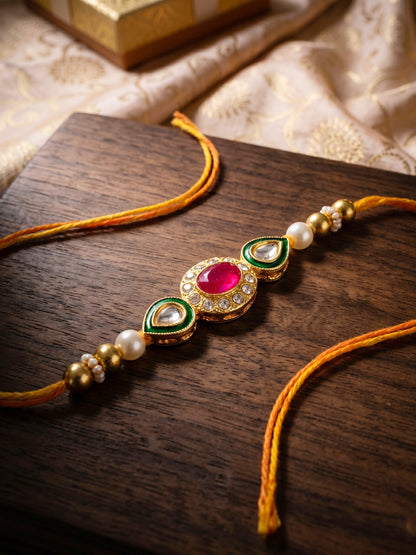 Set of 2 Designer Kundan Rakhi for Brother with Maroon, Clear Crystals, Roli Chawal & Card (98-J5R1-1977-2-2026)