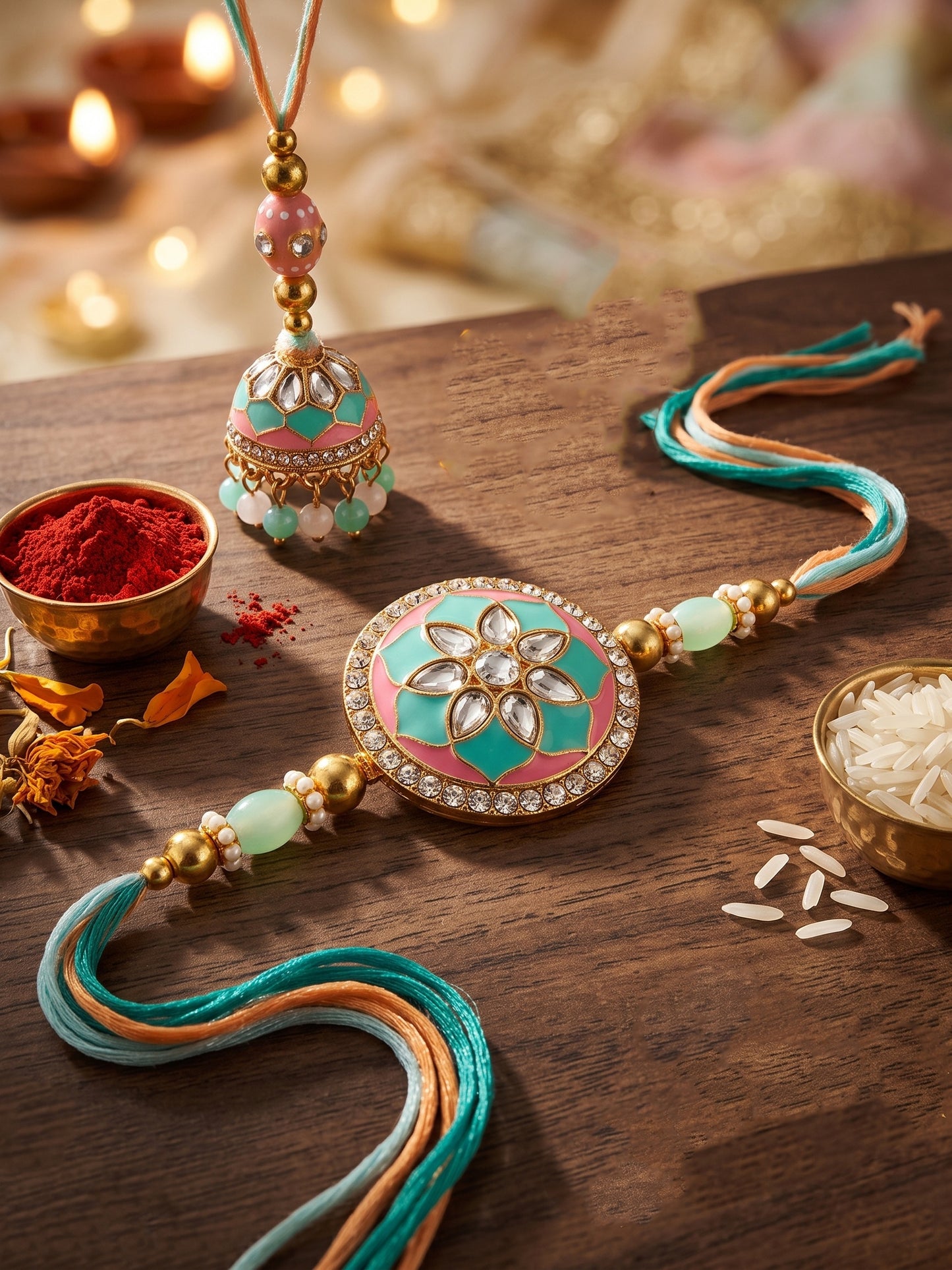 Set of 2 Pastel Green & Pink Bhaiya Bhabhi Rakhi Set, Kundan Floral Lumba with Beads, Roli, Chawal (325-CHCR1-1152-PKMNT-2-2026)