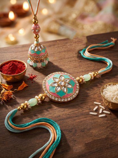 Set of 2 Pastel Green & Pink Bhaiya Bhabhi Rakhi Set, Kundan Floral Lumba with Beads, Roli, Chawal (325-CHCR1-1152-PKMNT-2-2026)