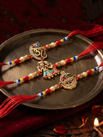 Set of 5 Traditional Divine Rakhis for Bhai | Beaded Radha Krishna & Khatu Shyam Threads | Raksha Bandhan Gift Set with Roli, Chawal & Greeting Card (360-S5R1-2306-5)