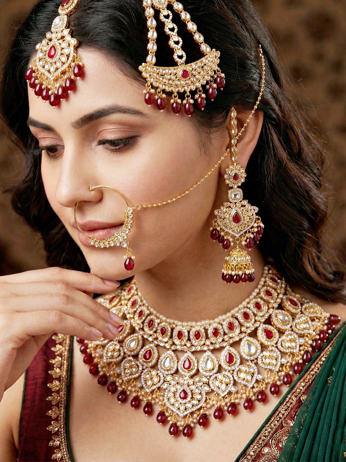 Bridal AD Maroon Stone Heavy Choker Jewellery Set with Sheesh Patti, Nath & Jhumka (3300-M8ZK-1102-M)