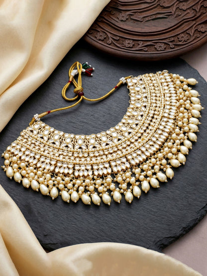 Gold Plated Kundan & Pearl White Stone Bridal Choker Jewellery Set with Maang Tikka (1683-ISK-855-W)