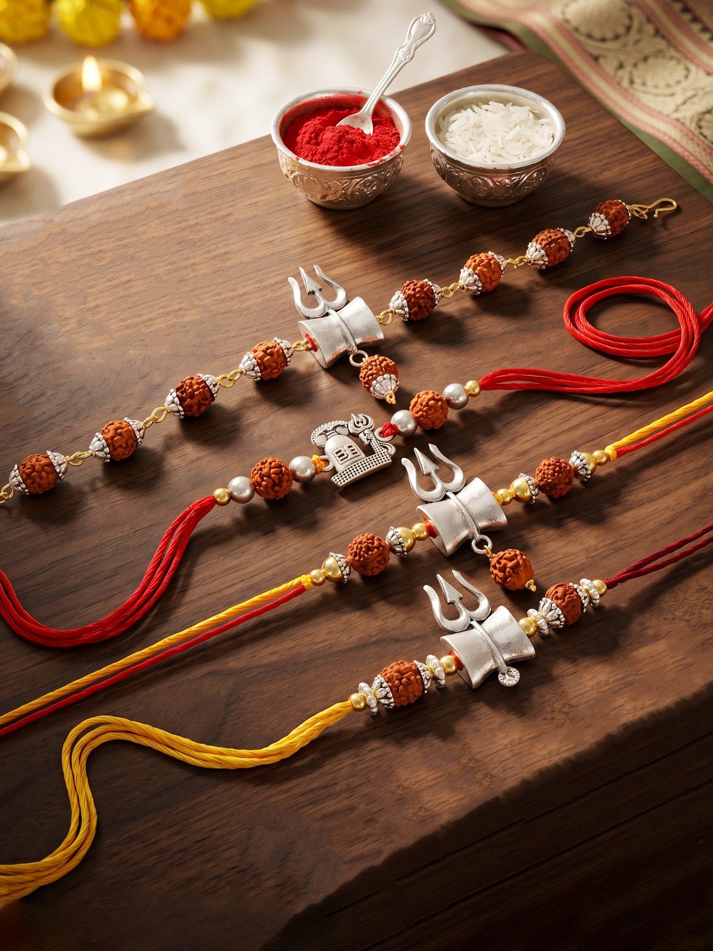 Rudraksha Rakhi Set of 4 for Brothers With Silver Trishul Design with Roli, Chawal & Card (241-JPR1-1982-S-4-2026)