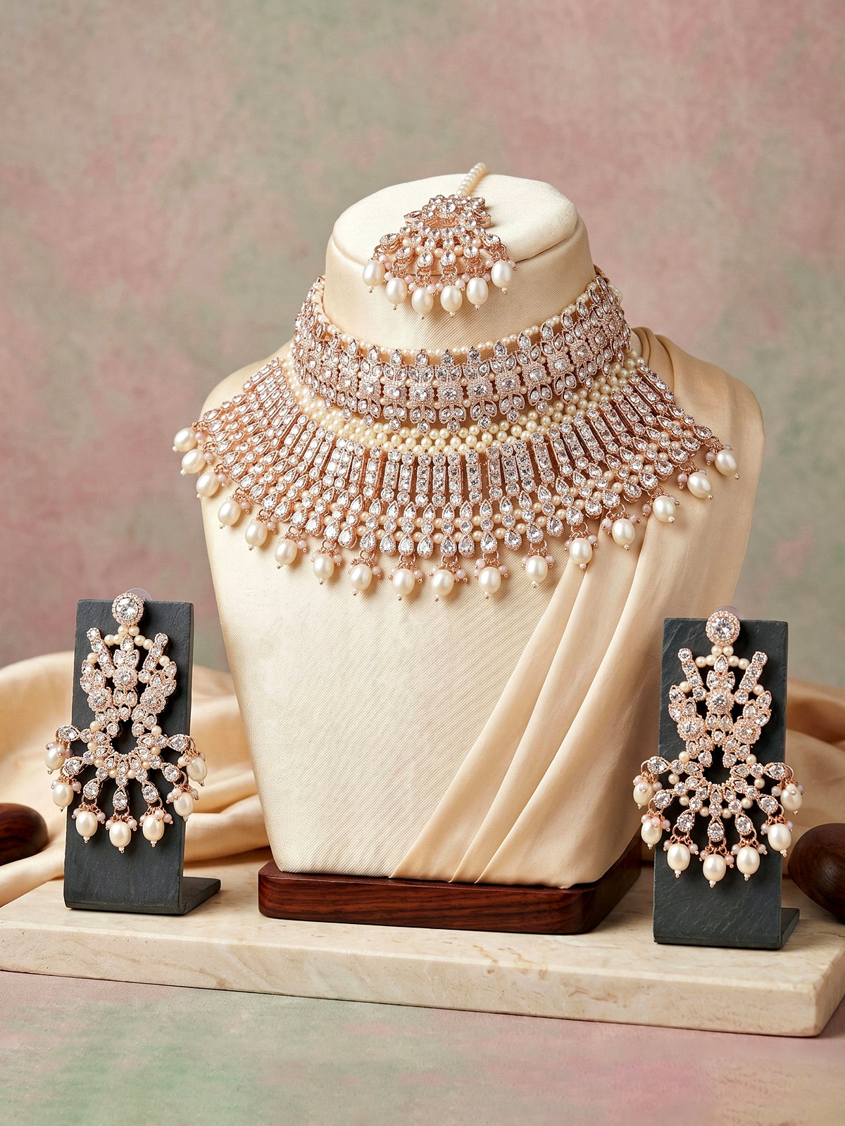 Rose Gold Plated AD White Stone & Pearl Bridal Choker Jewellery Set with Maang Tikka (974-B5SP-007-W)