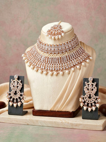 Rose Gold Plated AD White Stone & Pearl Bridal Choker Jewellery Set with Maang Tikka (974-B5SP-007-W)