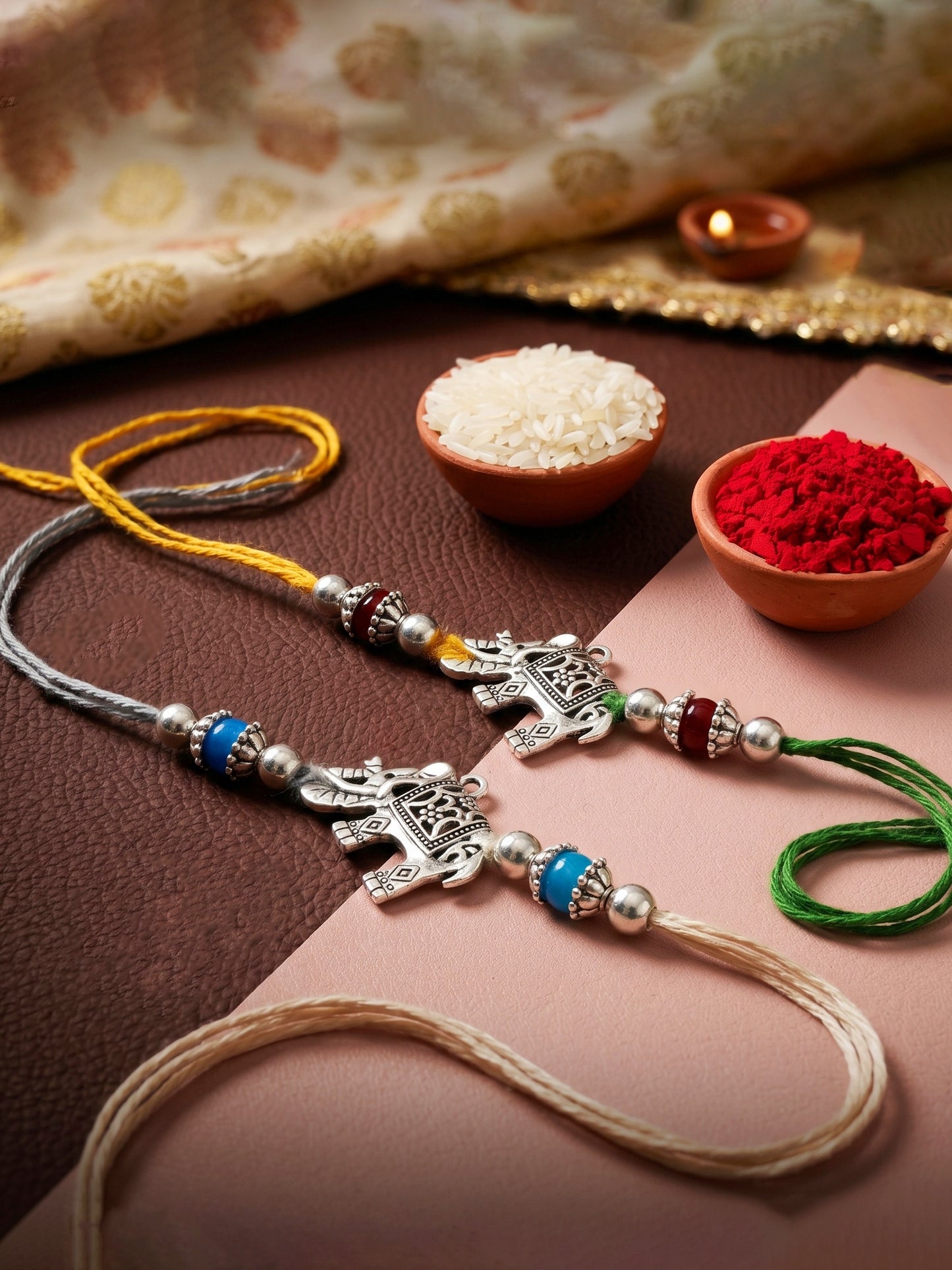 Set of 2 Silver Elephant Rakhi for Brother with Metallic Beads, Roli Chawal & Card (78-JPR1-1961-S-2-2026)