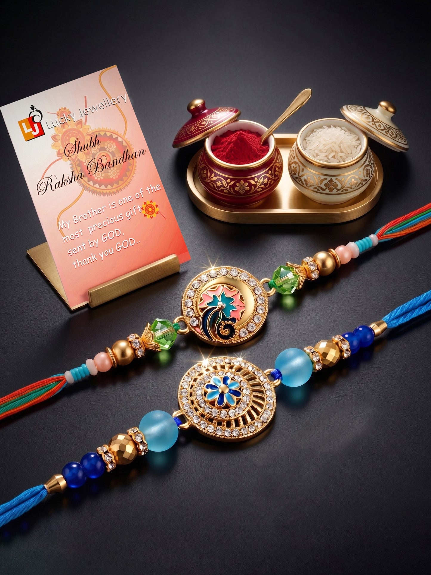 Lucky Jewellery Set of 2 Rakhi with Peacock & Floral Pendants, Blue & Green Beads, Roli Chawal & Card (173-S7R1-2317-2)