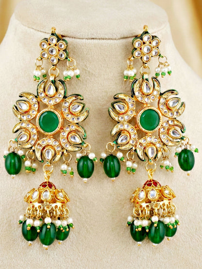 LUCKY JEWELLERY  18K Gold Plated Kundan Jhumka with Green Back Meenakari Earrings for Girls & Women |  Designer kundan Jhumkee Earring Set | Birthday Gift Earrings Valentine Anniversary