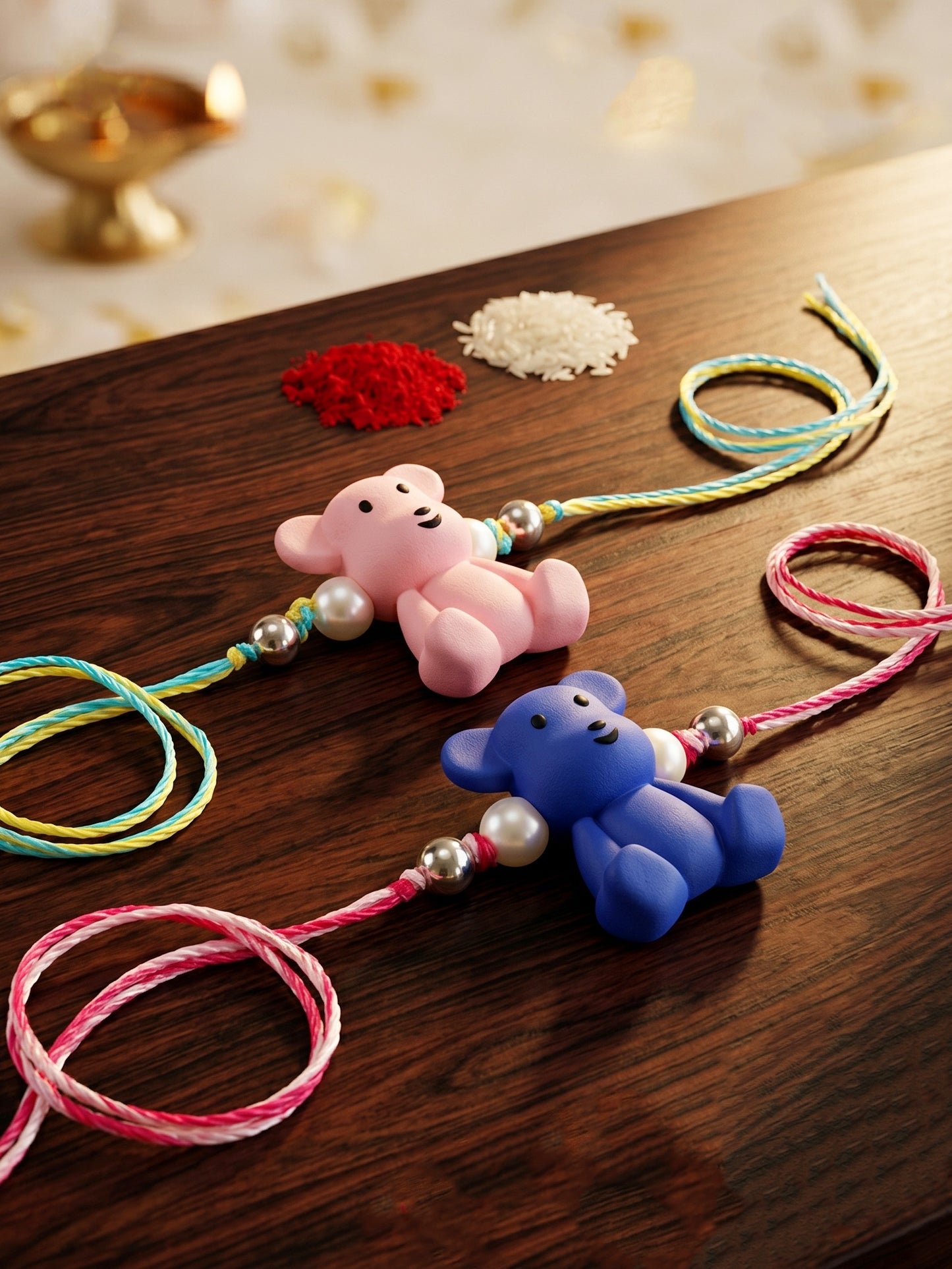 Set of 2 Cute Teddy Bear Kids Rakhi in Pink & Blue with White Beads, Roli Chawal & Card (105-CHR1-1206-PKB-2-2026)