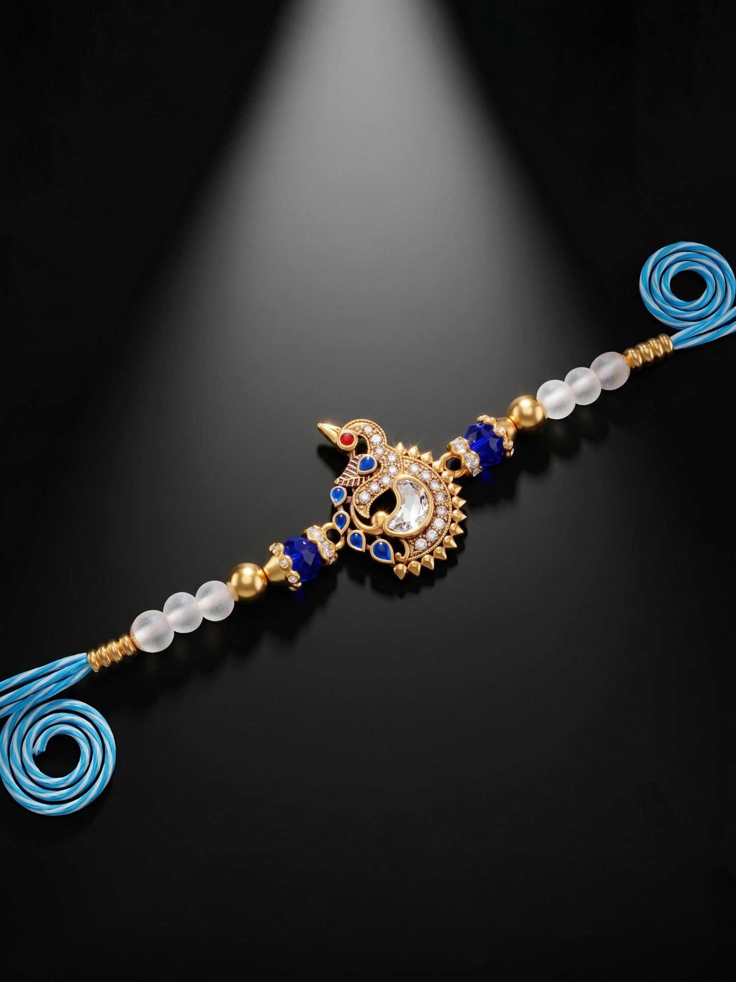 Designer Peacock Blue Stone & Beaded Rakhi for Brother with Roli Chawal & Greeting Card (61-S7R1-EA2527)