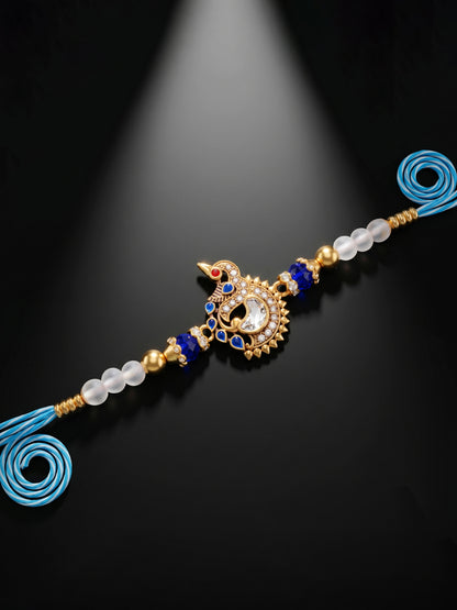 Designer Peacock Blue Stone & Beaded Rakhi for Brother with Roli Chawal & Greeting Card (61-S7R1-EA2527)