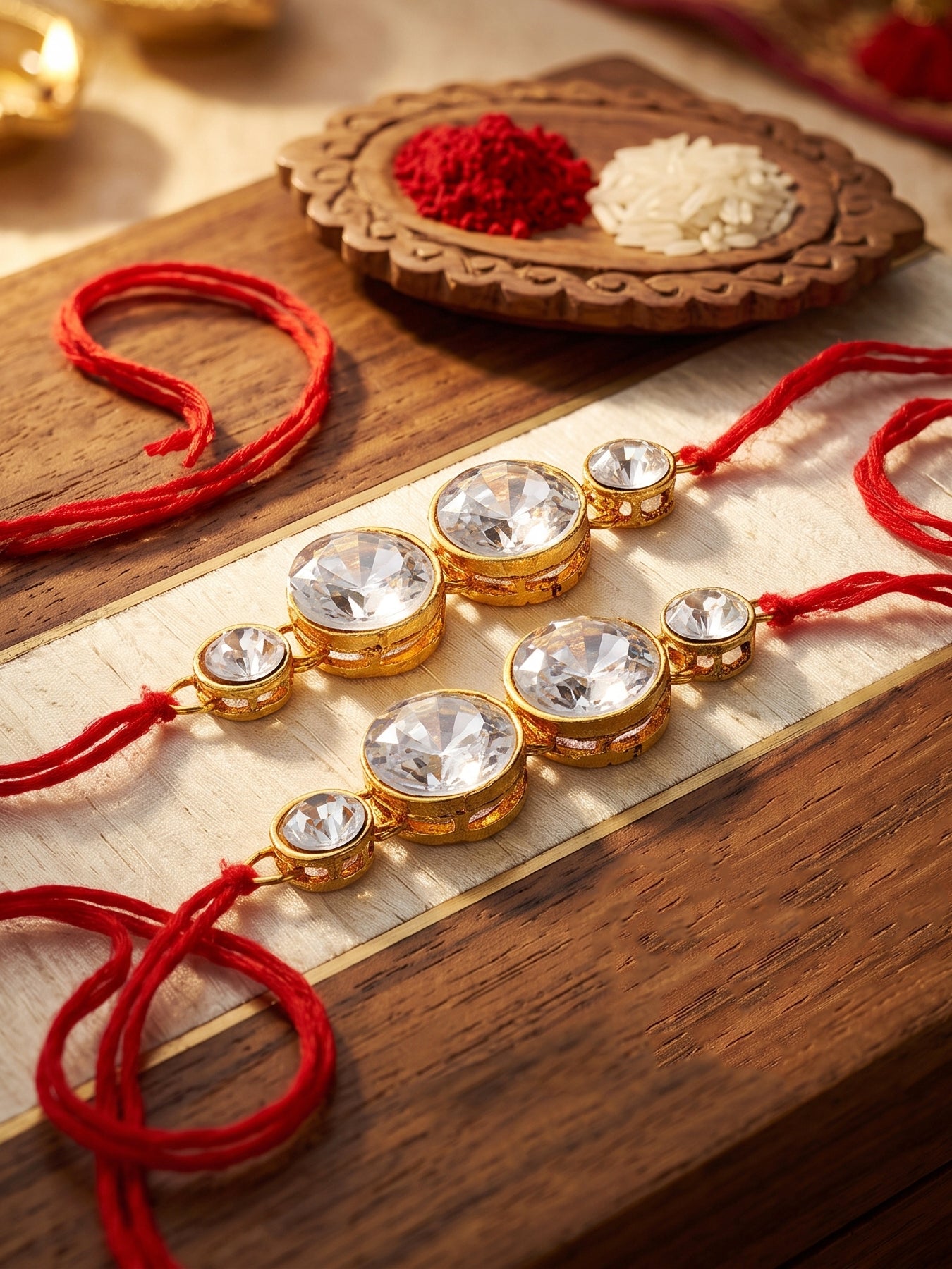 LUCKY JEWELLERY Traditional Rakhi for Brother/Bhaiya – Gold Plated Red Thread Rakshabandhan Rakhie White Stones for Bhai/Bhabhi (Pack of 2) – Fancy Rakhee Bracelet Rakshasutra (152-L1R1-10A-W-2-2026)