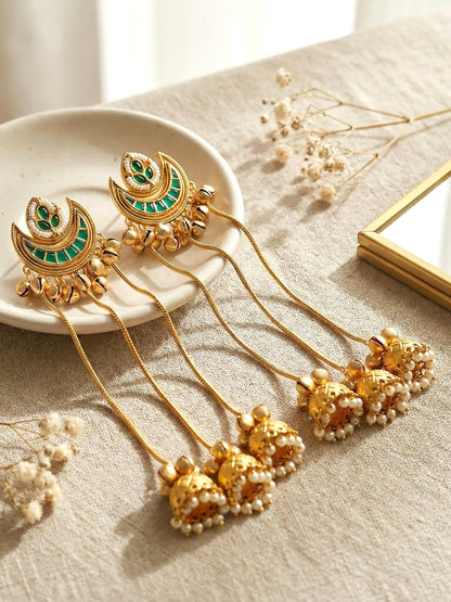LUCKY JEWELLERY Gold-Plated Kashmiri Earrings with Green Stone, Triple Chain Layer & Triple Jhumka Drops | Chandbali Style Earring Set for Girls & Women | Wedding, Festival & Gift Wear