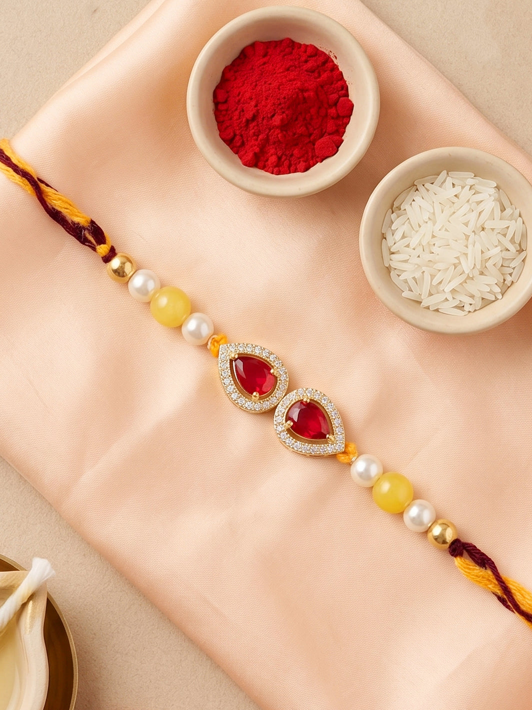 Rakhi for Brother with Maroon drop AD Pendant, White & Yellow Beads, Roli Chawal & Card (176-CHR1-1279-M-1-2026)