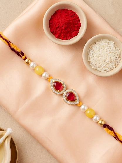 Rakhi for Brother with Maroon drop AD Pendant, White & Yellow Beads, Roli Chawal & Card (176-CHR1-1279-M-1-2026)