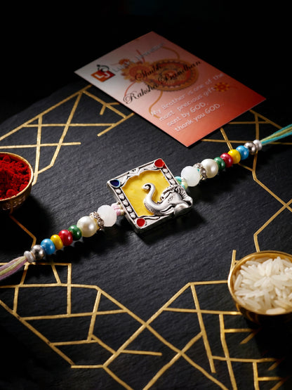 Lord Ganesha Silver-Finish Yellow Enamel Beaded Rakhi For Brother | Rakhi With Roli Chawal, Card (132-S5R1-AR2769)