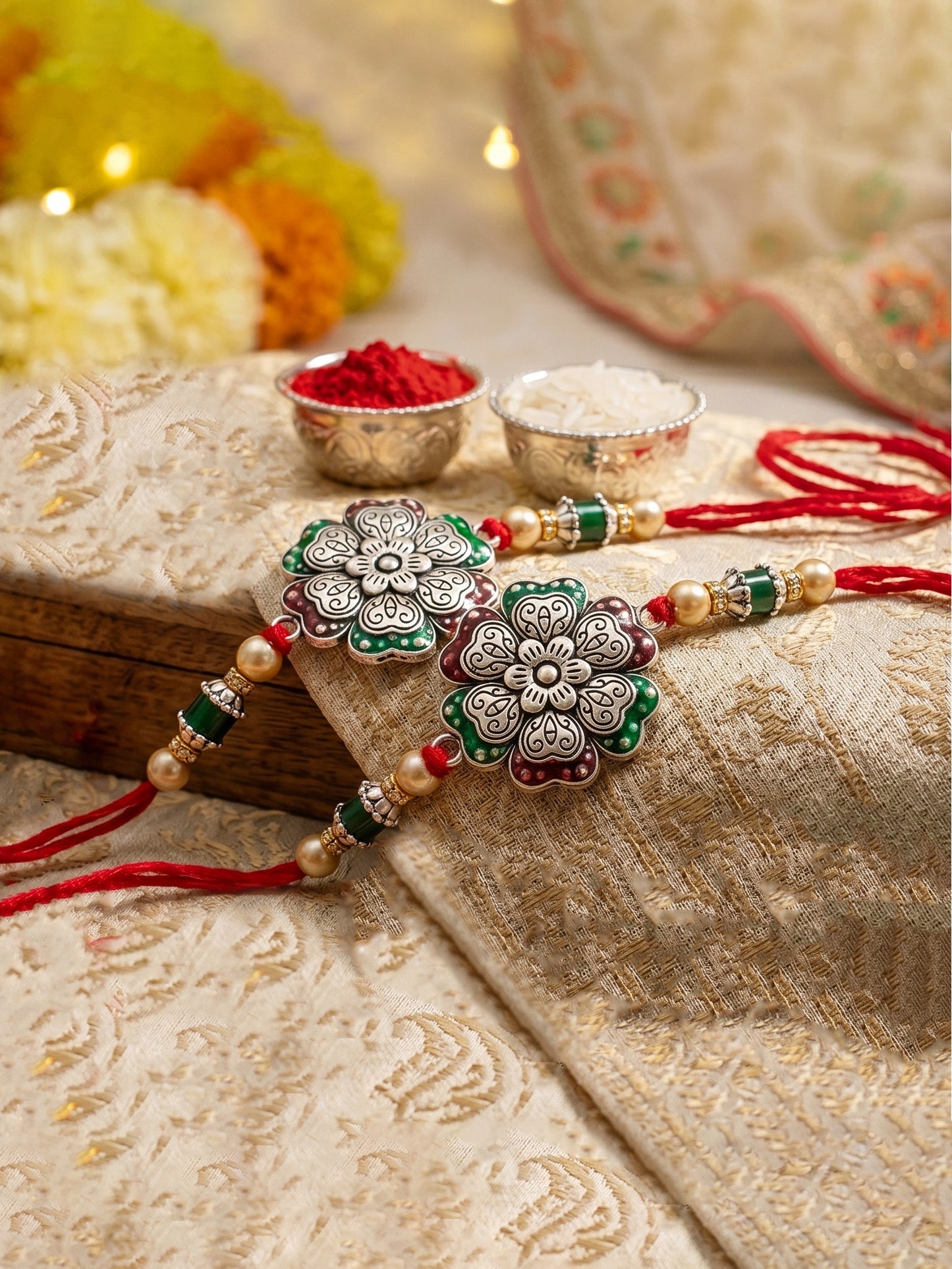 Set of 2 Silver Floral Rakhi for Brother with Metallic, Green & Maroon Enamel, Roli & Chawal & Card (108-CHR1-1966-MG-S-2-2026)
