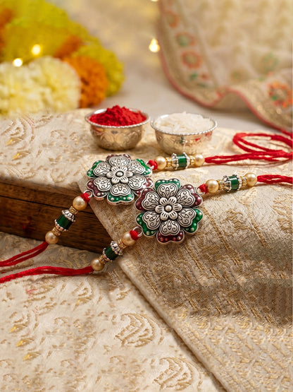 Set of 2 Silver Floral Rakhi for Brother with Metallic, Green & Maroon Enamel, Roli & Chawal & Card (108-CHR1-1966-MG-S-2-2026)