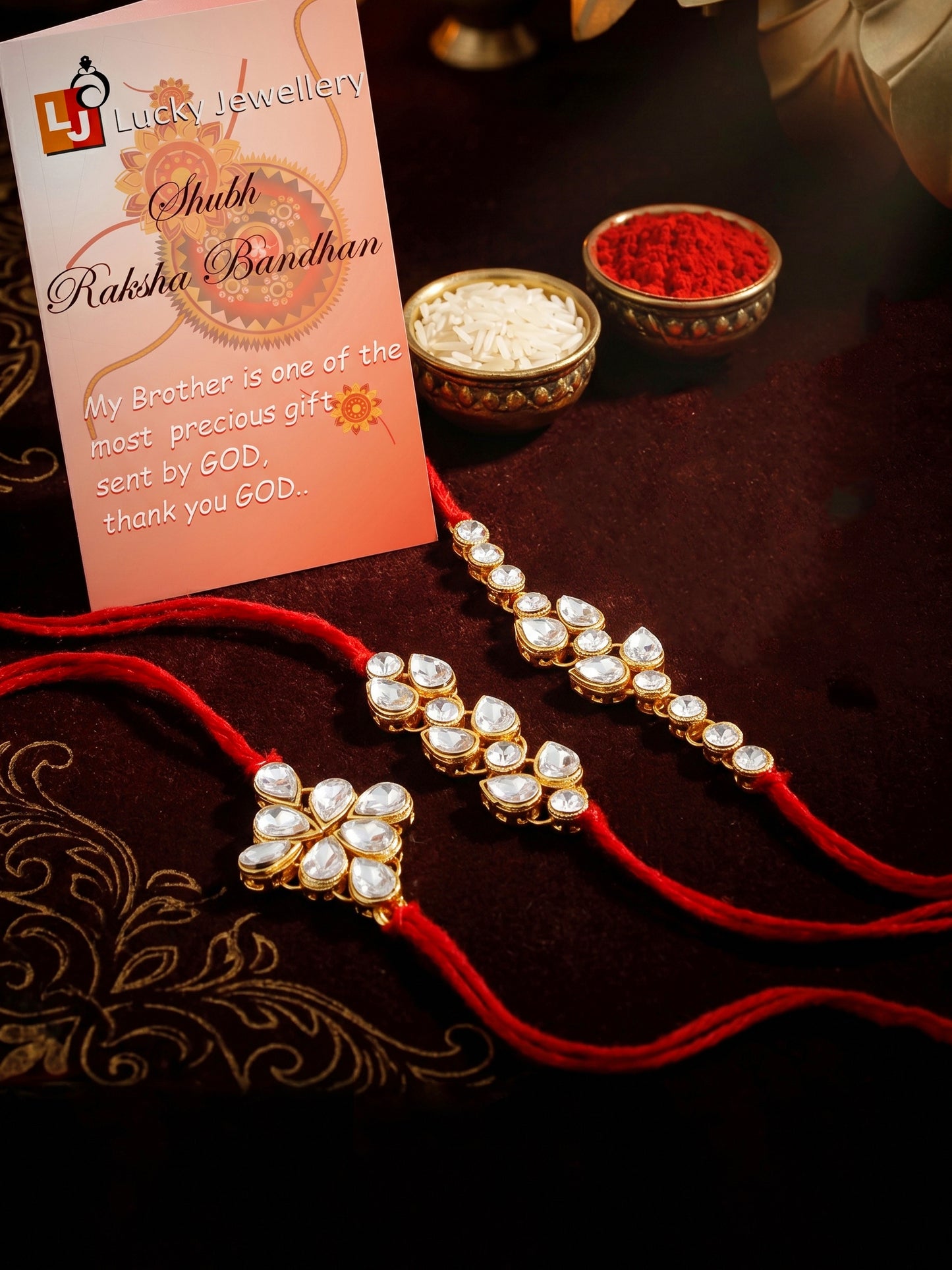 LUCKY JEWELLERY Traditional Rakhi for Brother/Bhaiya – Gold Plated Red Thread Rakshabandhan Rakhie White Stones for Bhai/Bhabhi (Pack of 3) – Fancy Rakhee Bracelet Rakshasutra (159-L1R1-09-W-3-2026)